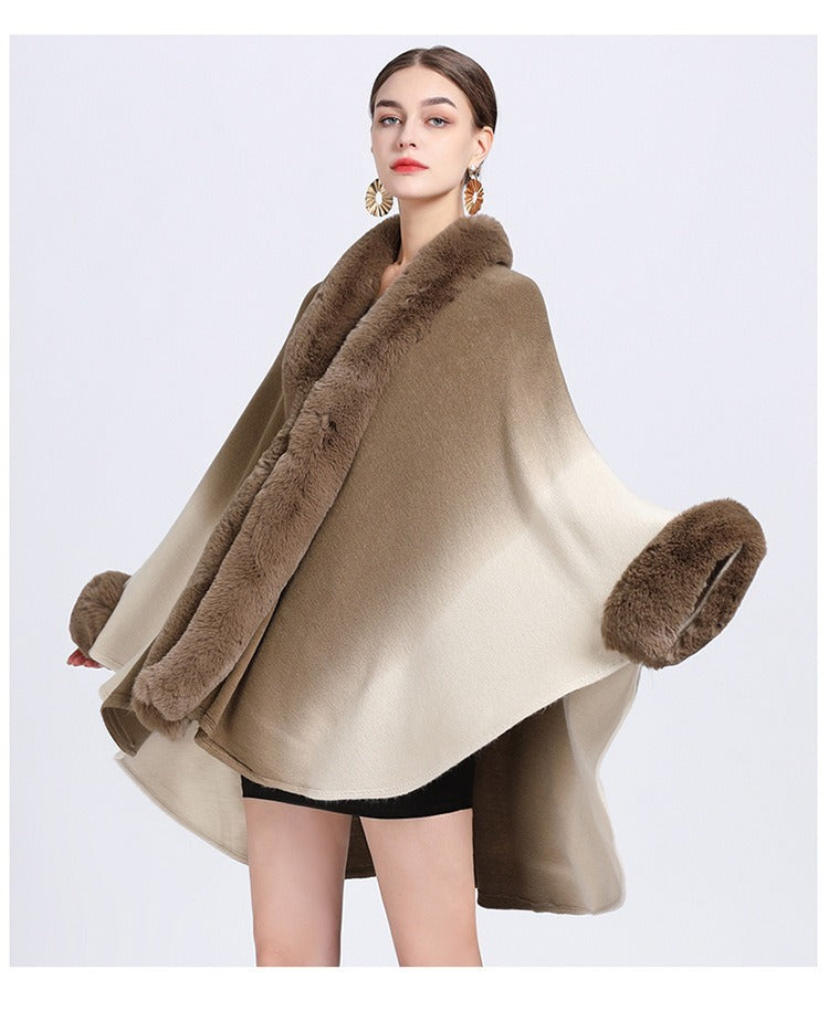 Rabbit Fur Collar Shawl Cape Knitted Cardigan Baggy Coat