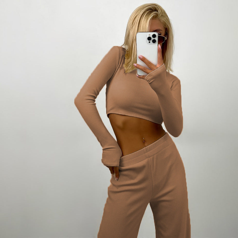 Women's Long Sleeve Fashion Sunken Stripe Trousers Two-piece Set