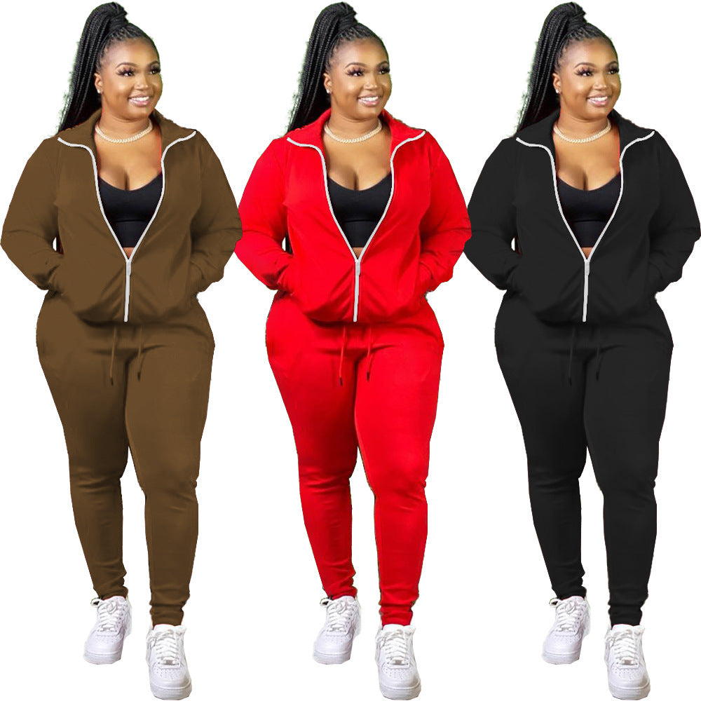 Solid Color Zipper Pocket Long Sleeve Coat Trousers Sports Two-piece Set