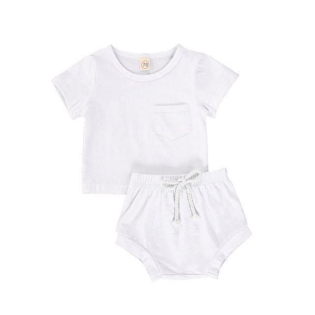 Hot Sale Baby Boy Summer Clothes Sets Casual Newborn Baby Girls Short Sleeve Pocket Pullover Top T-shirt Drawstrings Shorts 1-6Y