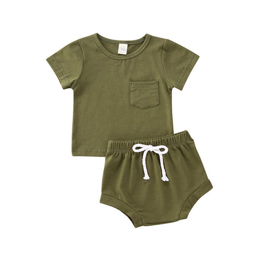 Hot Sale Baby Boy Summer Clothes Sets Casual Newborn Baby Girls Short Sleeve Pocket Pullover Top T-shirt Drawstrings Shorts 1-6Y