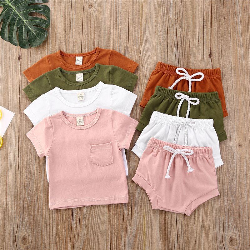 Hot Sale Baby Boy Summer Clothes Sets Casual Newborn Baby Girls Short Sleeve Pocket Pullover Top T-shirt Drawstrings Shorts 1-6Y