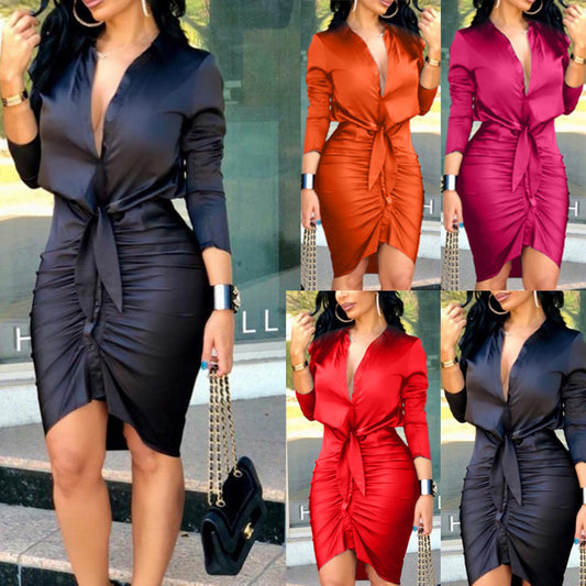 Women Lace-up Solid Color Long Sleeve Midi Dress Shirt Dress Elegant Fashion Party Dress