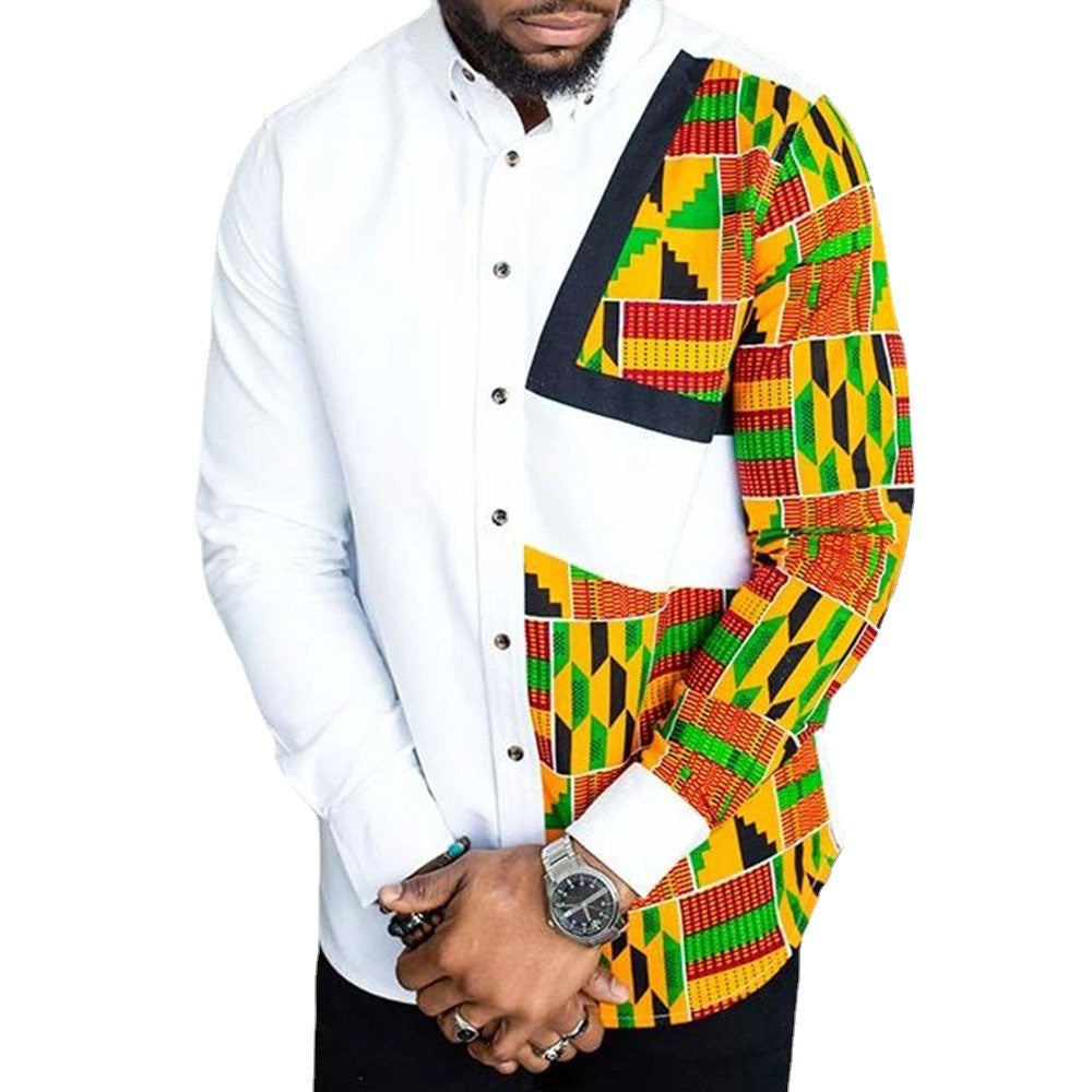 Wish Aliexpress Men's African Style Ethnic Printing Long-Sleeved Lapel Shirt