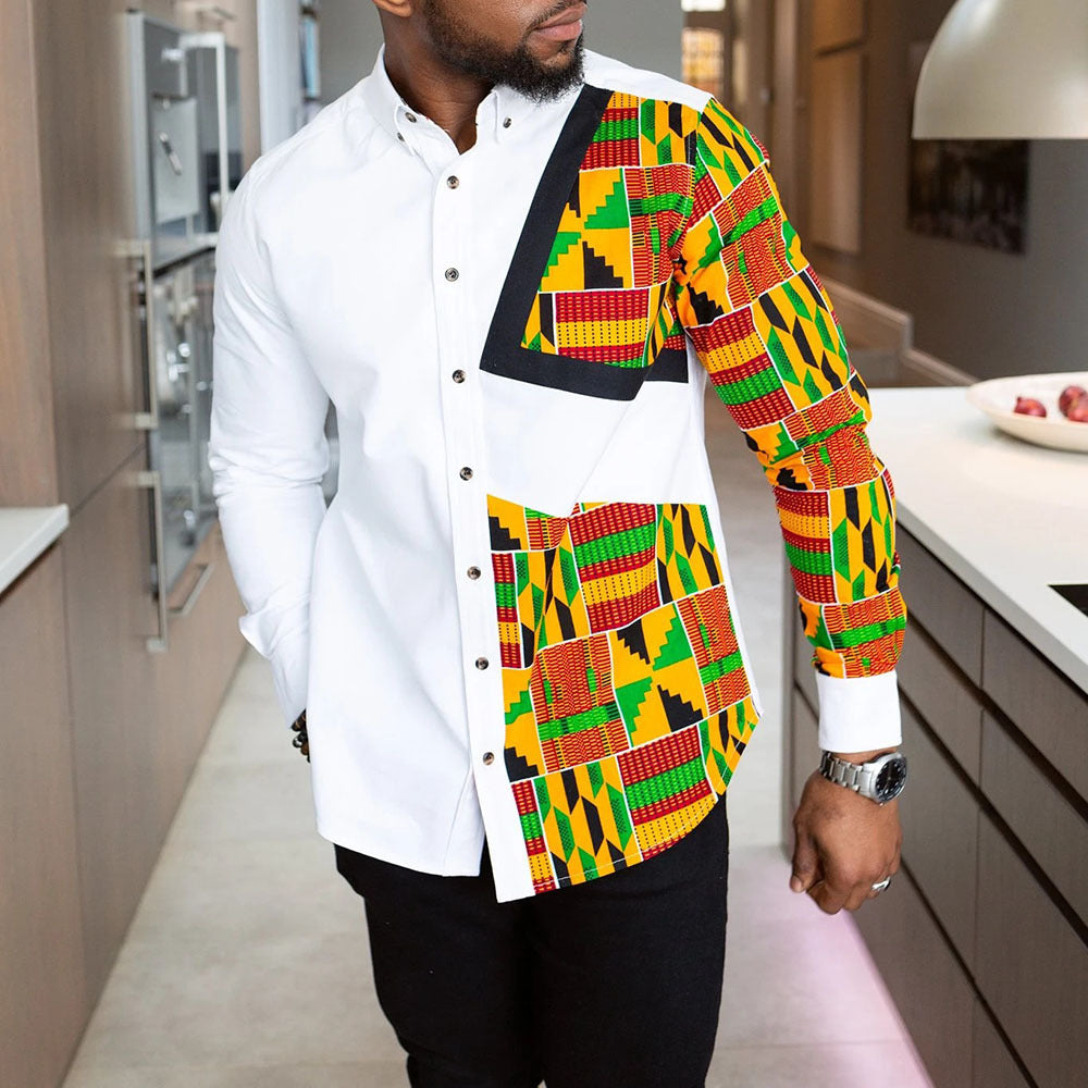 Wish Aliexpress Men's African Style Ethnic Printing Long-Sleeved Lapel Shirt