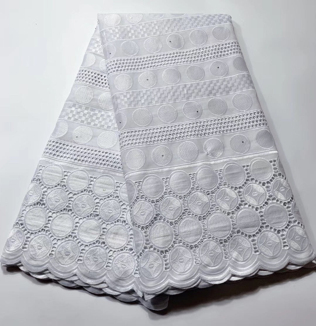 Polka Dot White Cotton African Lace Embroidered Fabric