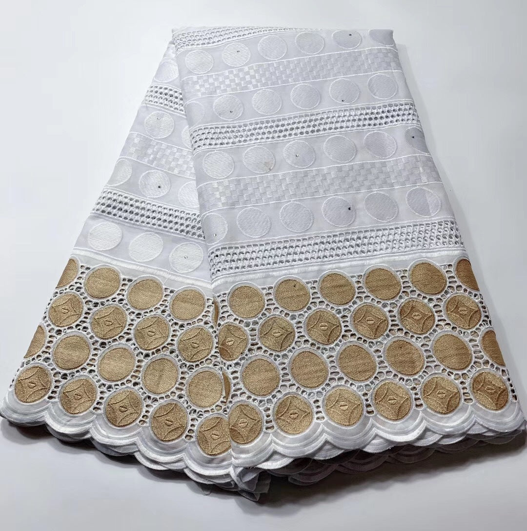 Polka Dot White Cotton African Lace Embroidered Fabric