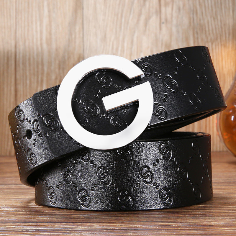 Men'S Belt Leather Middle-Aged And Young Korean Letter G Youth Belt Smooth Buckle Top Layer Pure Cowhide Belt Men