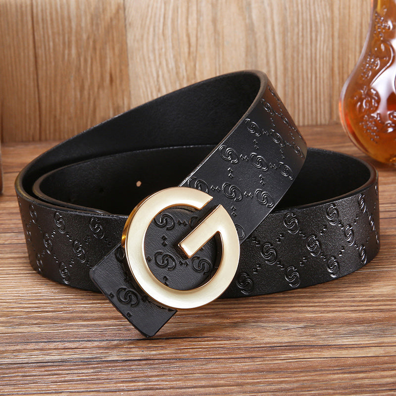 Men'S Belt Leather Middle-Aged And Young Korean Letter G Youth Belt Smooth Buckle Top Layer Pure Cowhide Belt Men