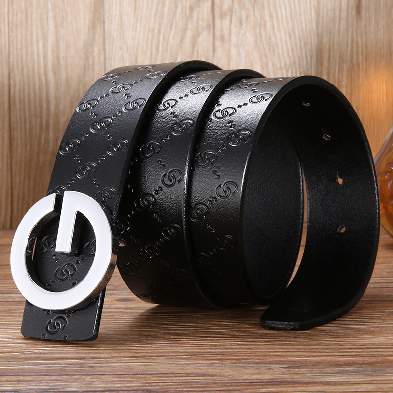 Men'S Belt Leather Middle-Aged And Young Korean Letter G Youth Belt Smooth Buckle Top Layer Pure Cowhide Belt Men