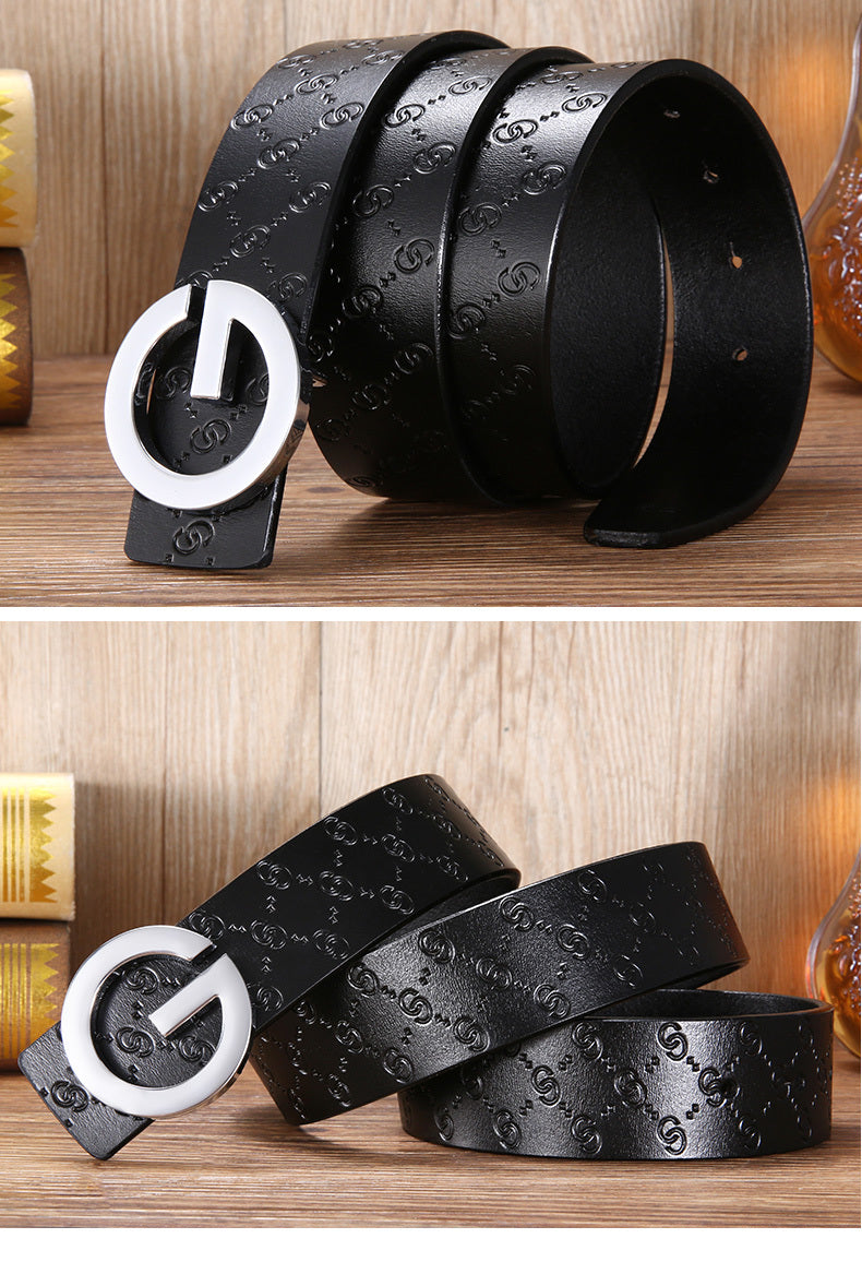 Men'S Belt Leather Middle-Aged And Young Korean Letter G Youth Belt Smooth Buckle Top Layer Pure Cowhide Belt Men