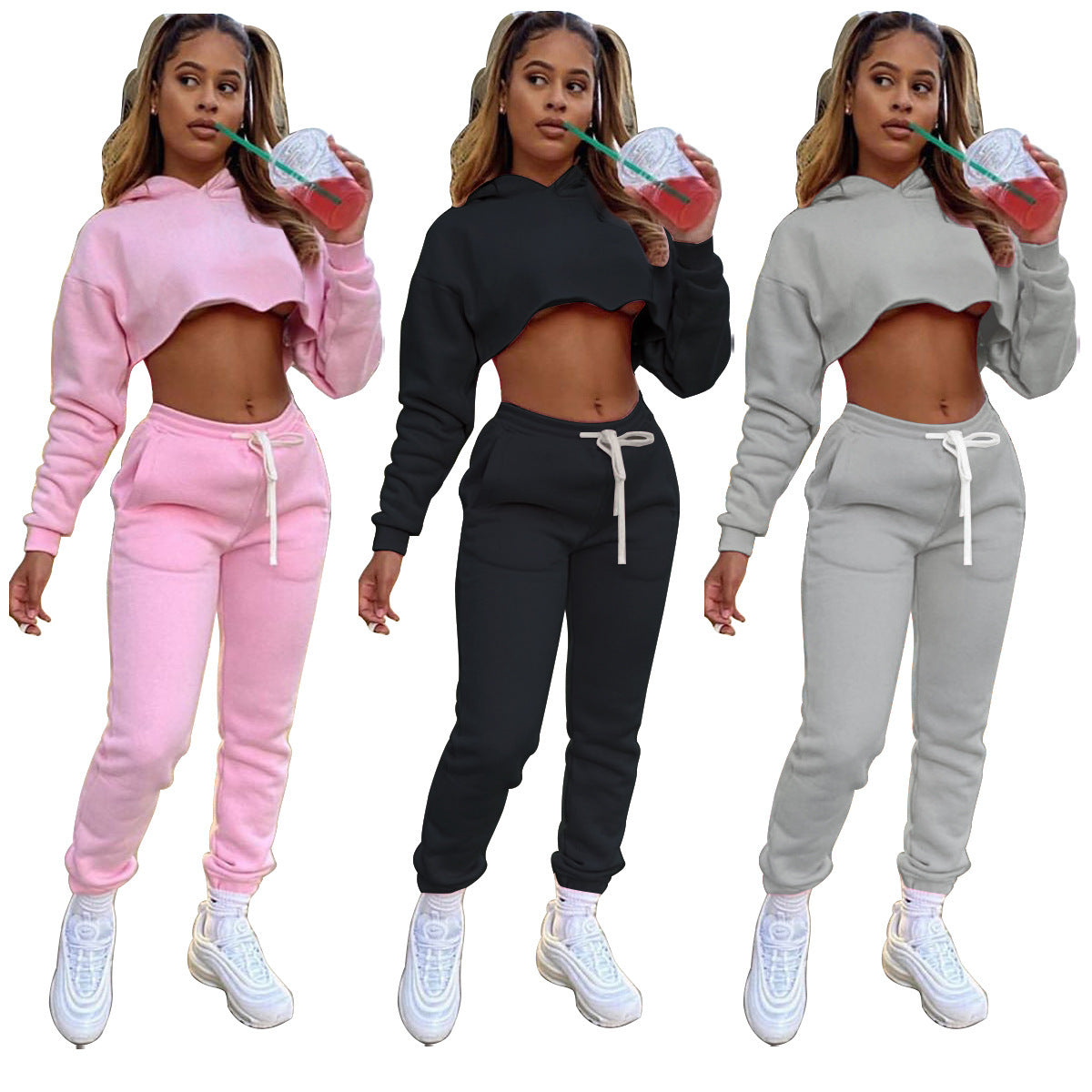 Fall Winter Short Sweater   Drawstring Sweatpants Pure Color Plus Velvet Suit