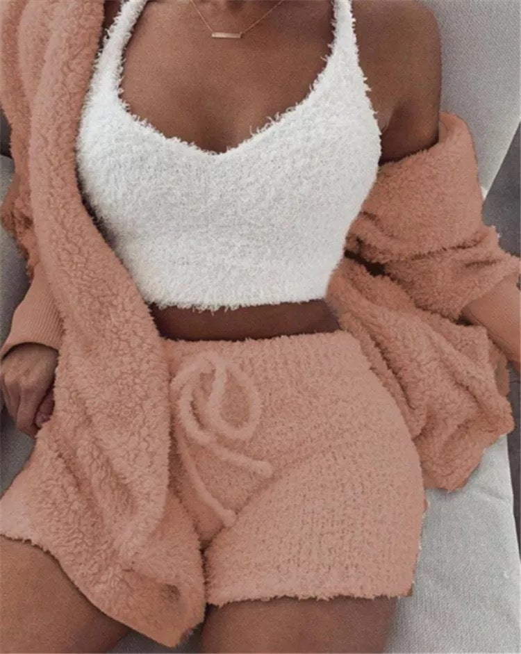 Winter Sexy Women Home Wear Suit Casual Pajamas Set Lady Female Soft Warm Long Sleeve Exposed Navel Vest Shorts Set