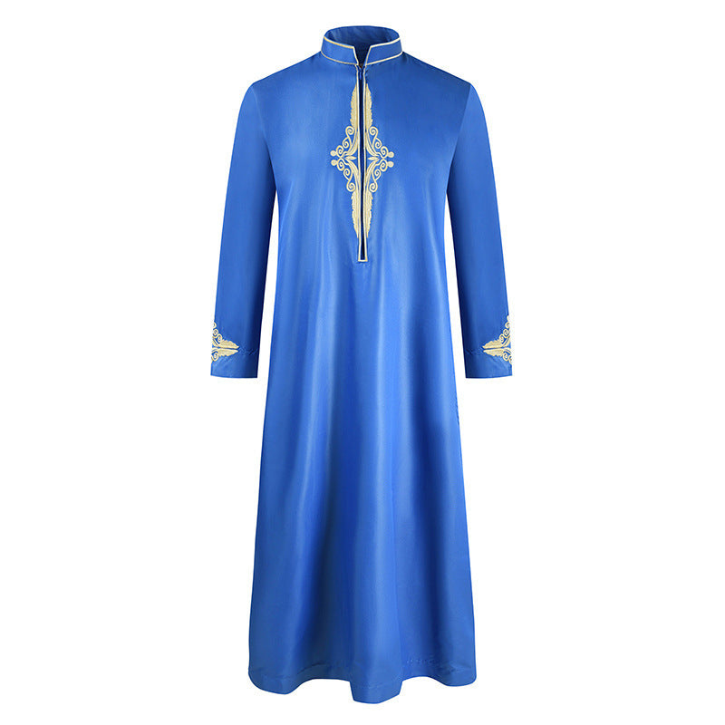 Men'S Robe Solid Color Embroidered Middle East Muslim Long-Sleeved Foreign Trade Robe