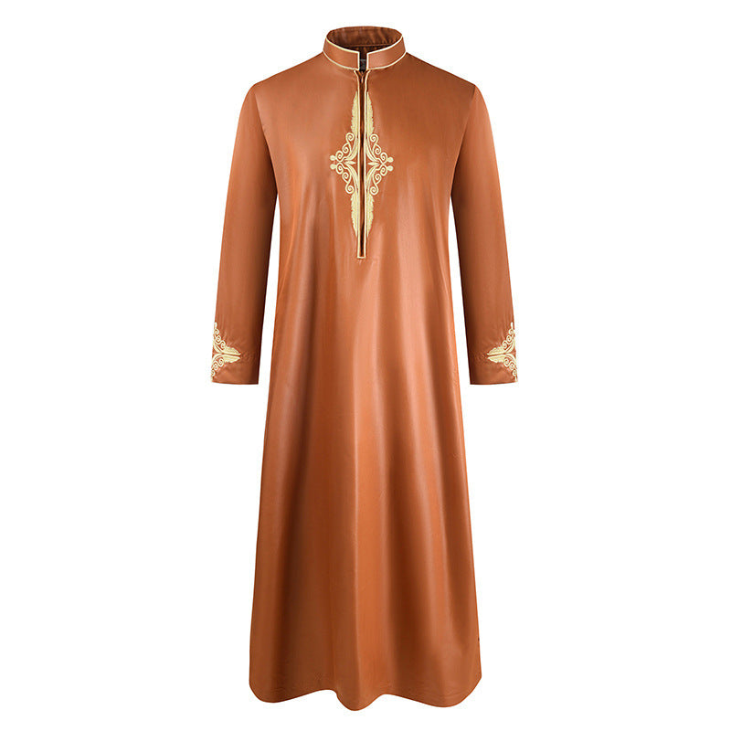 Men'S Robe Solid Color Embroidered Middle East Muslim Long-Sleeved Foreign Trade Robe