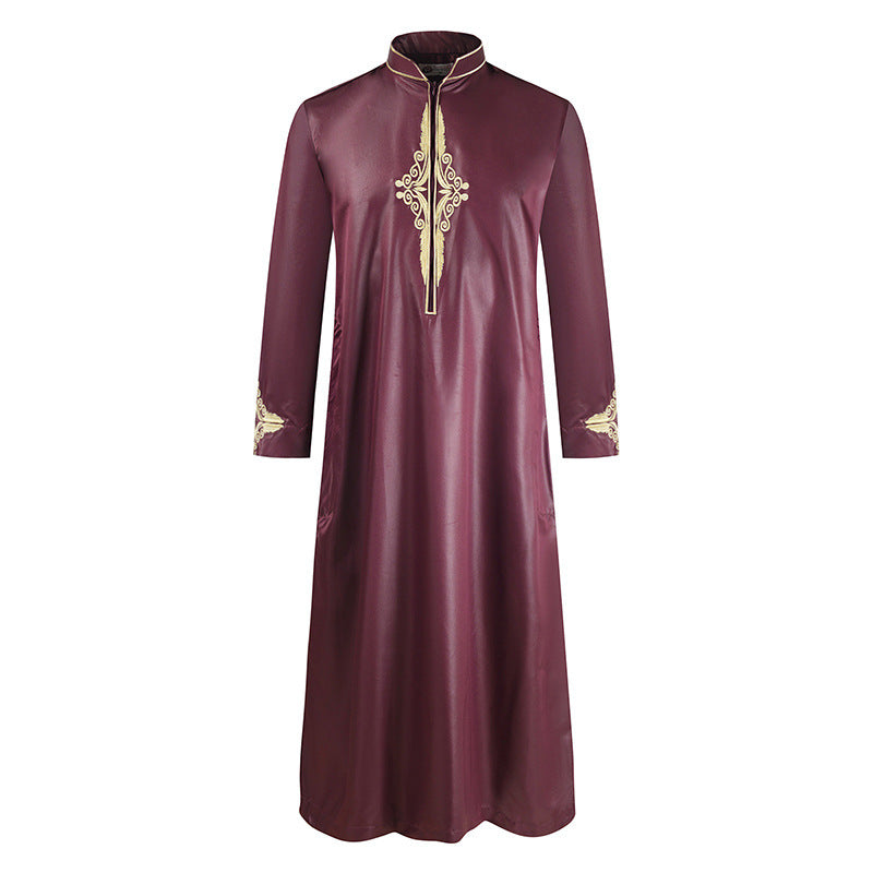 Men'S Robe Solid Color Embroidered Middle East Muslim Long-Sleeved Foreign Trade Robe