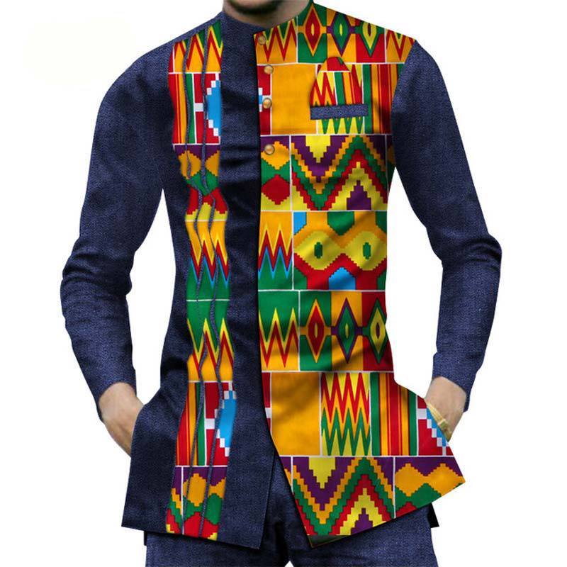 Cotton African Men's sShirt Denim Stitching Wax Cloth Long-sleeved Shirt