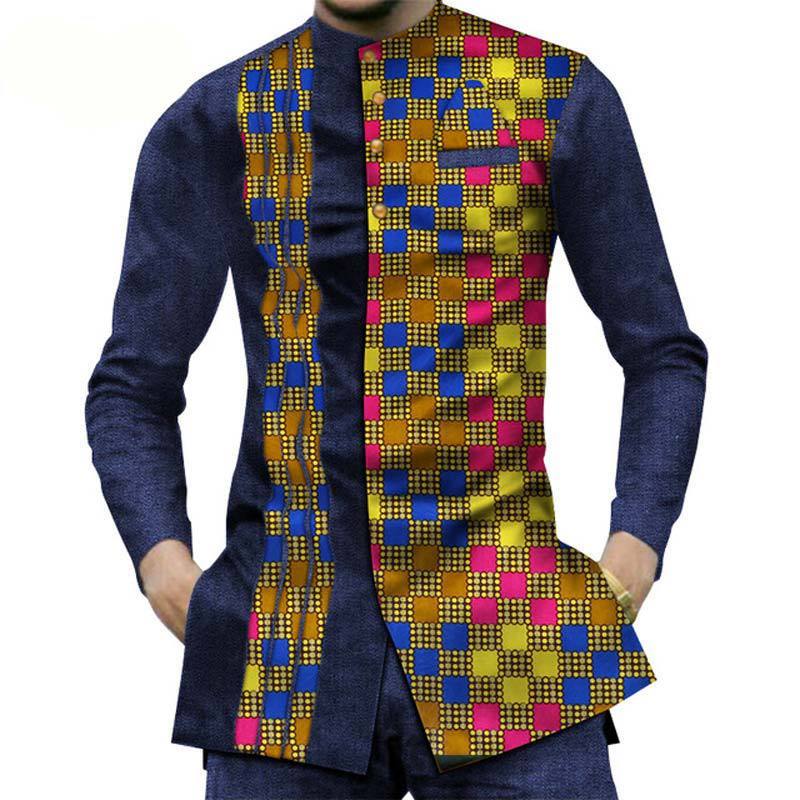 Cotton African Men's sShirt Denim Stitching Wax Cloth Long-sleeved Shirt