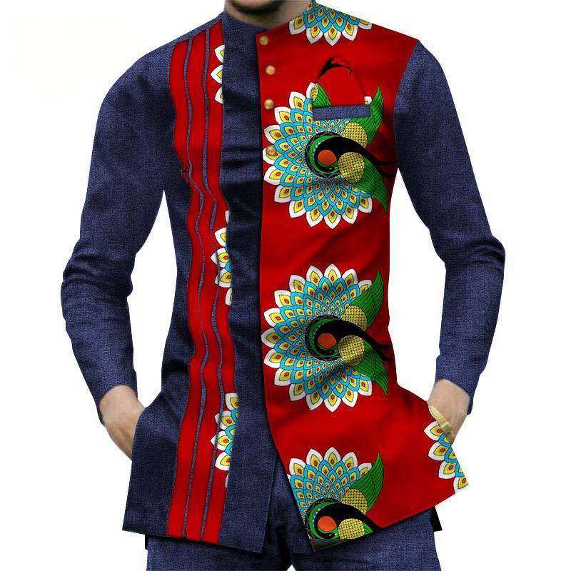 Cotton African Men's sShirt Denim Stitching Wax Cloth Long-sleeved Shirt