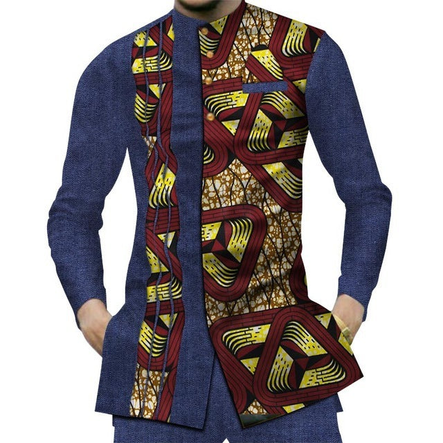 Cotton African Men's sShirt Denim Stitching Wax Cloth Long-sleeved Shirt