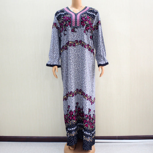 Embroidered Neckline Long Sleeve Lace Printed African Elegant Noble Lady Long Dress