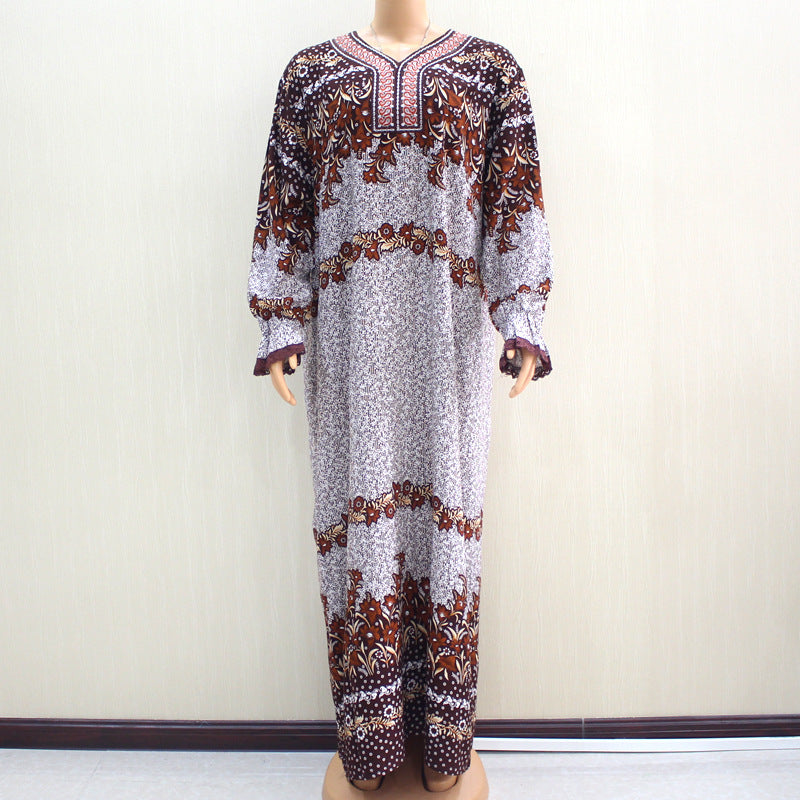 Embroidered Neckline Long Sleeve Lace Printed African Elegant Noble Lady Long Dress