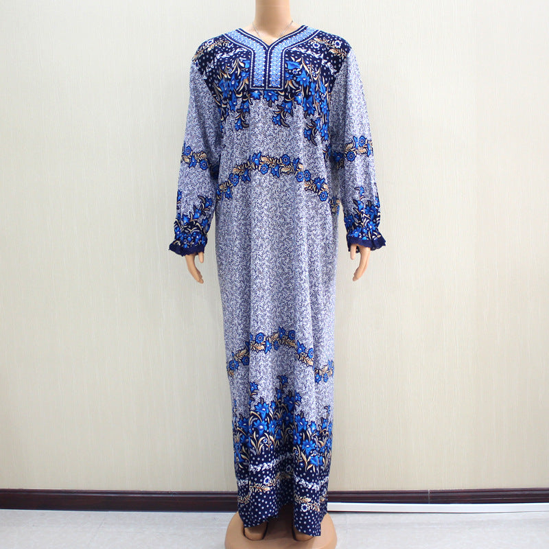 Embroidered Neckline Long Sleeve Lace Printed African Elegant Noble Lady Long Dress