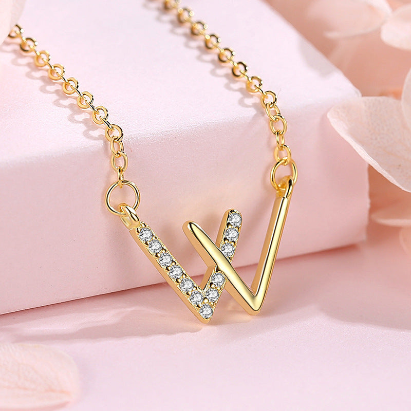 Letter W Necklace For Women Girls Stainless Steel Cubic Zirconia Clavicle Chain Necklaces Luxury Crystal Jewerly collier femme