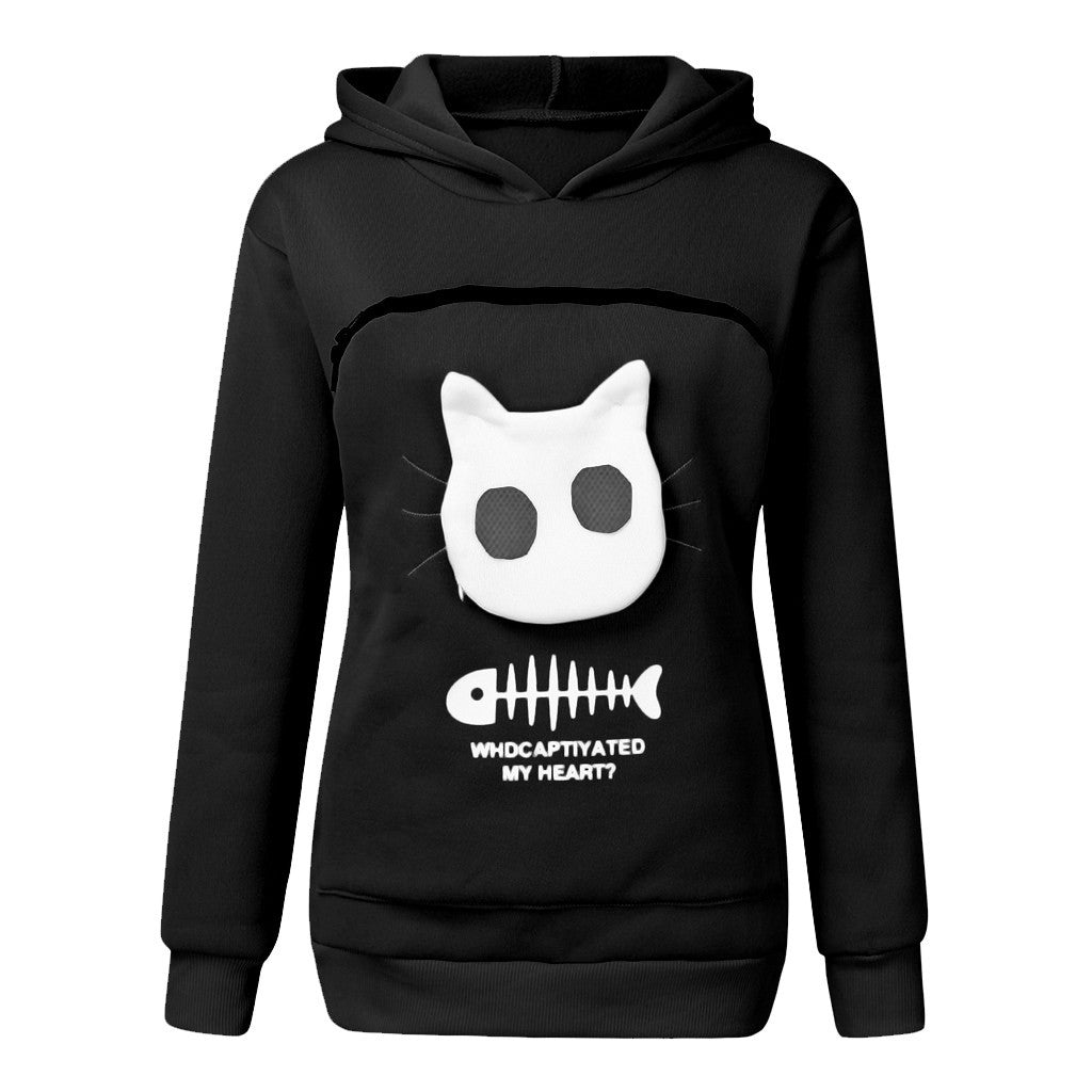 Women Hoodie Sweatshirt With Cat Pet Pocket Design Long Sleeve Sweater Cat Outfit