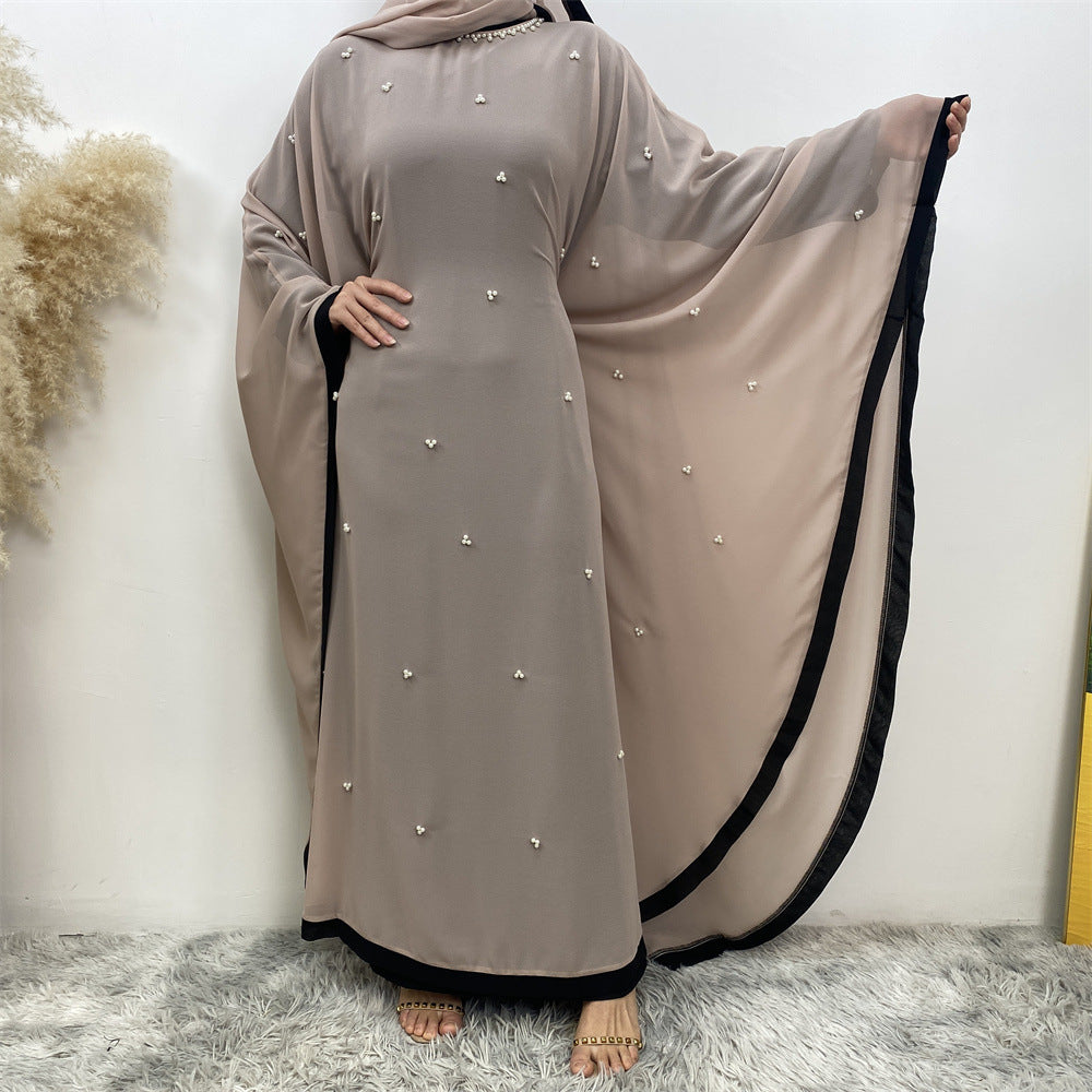 Middle East Turkey Fashion Chiffon Patchwork Elegant Loose Muslim Robe Bat Sleeve Dress