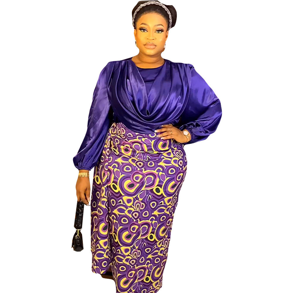 African Plus Size Printed Contrast Color Two-piece Set Dress Women