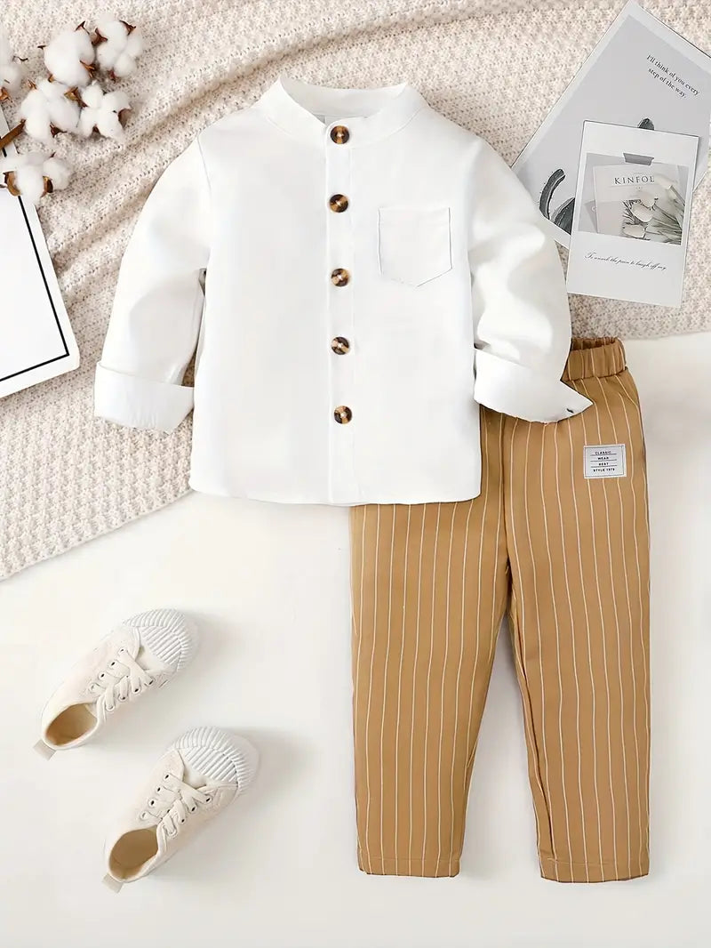 Tween Boy Long Sleeve Stand Collar Shirt & Pants Set