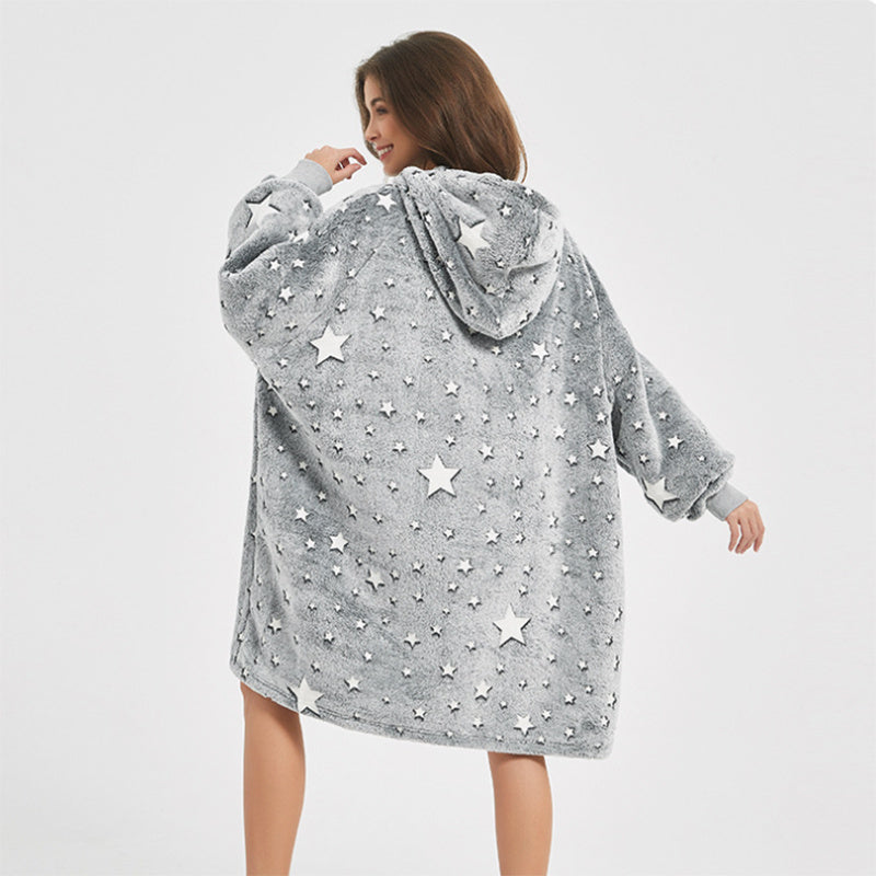 Winter Plush Hoodie Blanket Home Clothes With Stares Moon Luminous Design Oversized Pockets Pullover Nightgown Lazy Warm Homewear Pajamas