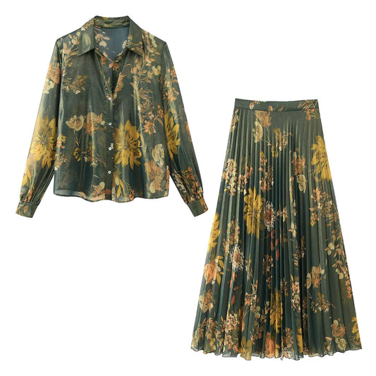 Women's Metal Foil Printed Shirt Pleated Skirt