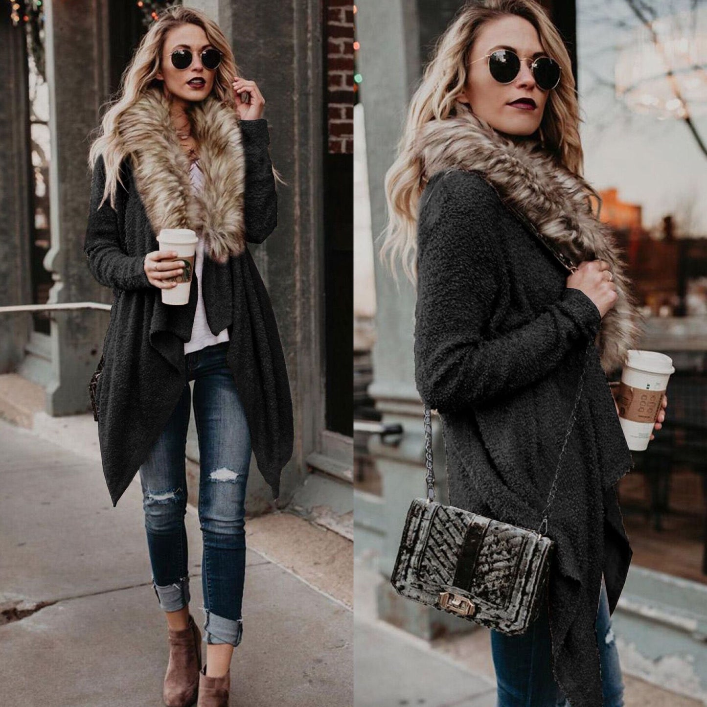 Fur collar cardigan plush trench coat