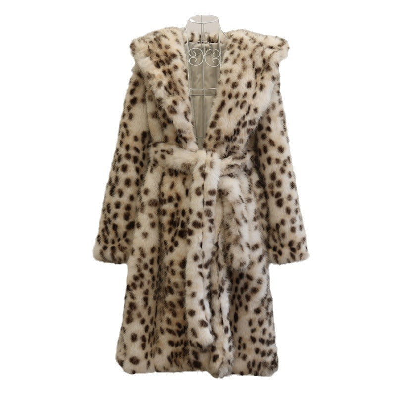 Leopard Print Faux Fur Coat Fox Fur Long Large