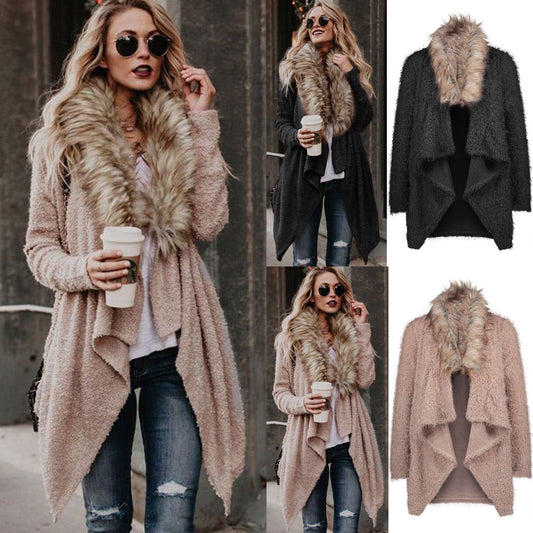 Fur collar cardigan plush trench coat