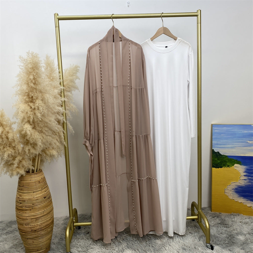 Elegant Solid Color Beaded Muslim Lacing Chiffon Cardigan Robe