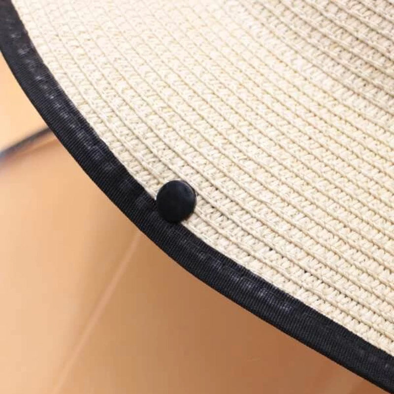 Contrast Trim Straw Hat With Detachable Face Shield