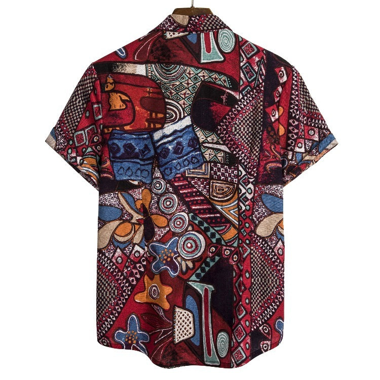 African ethnic linen print short-sleeved shirt men