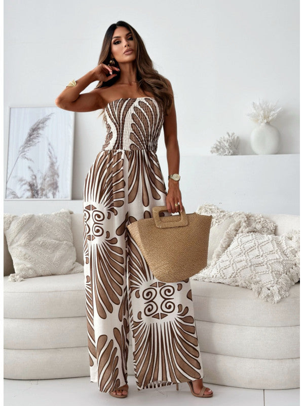 Off-shoulder Tube Top Smocking Fitted Waist Jumpsuit