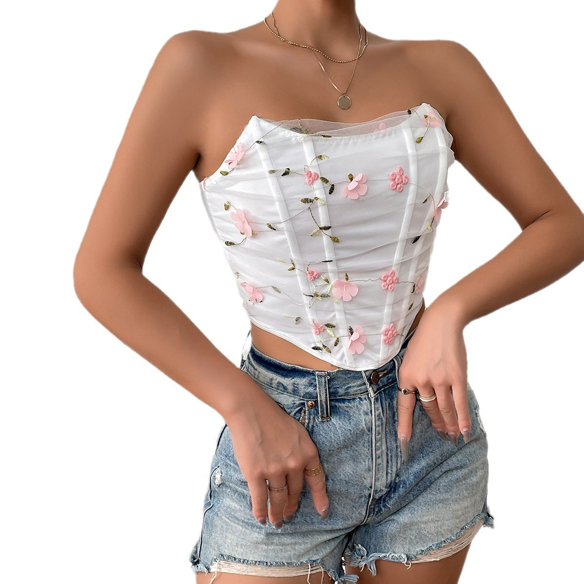 Flower Embroidery Fishbone Short Mesh Outer Wear Tube Top