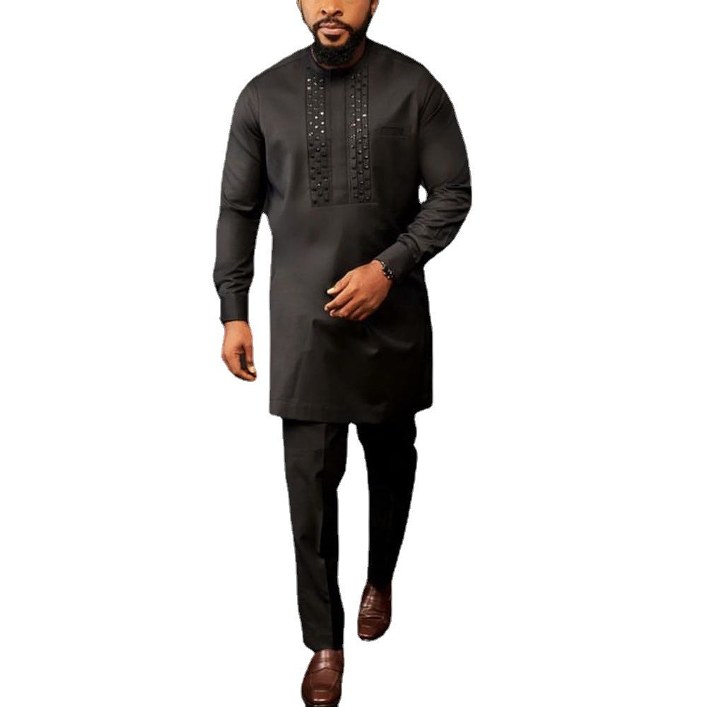 New African Ethnic Style Men's Suit Rhinestone Shirt And Solid Color Pants