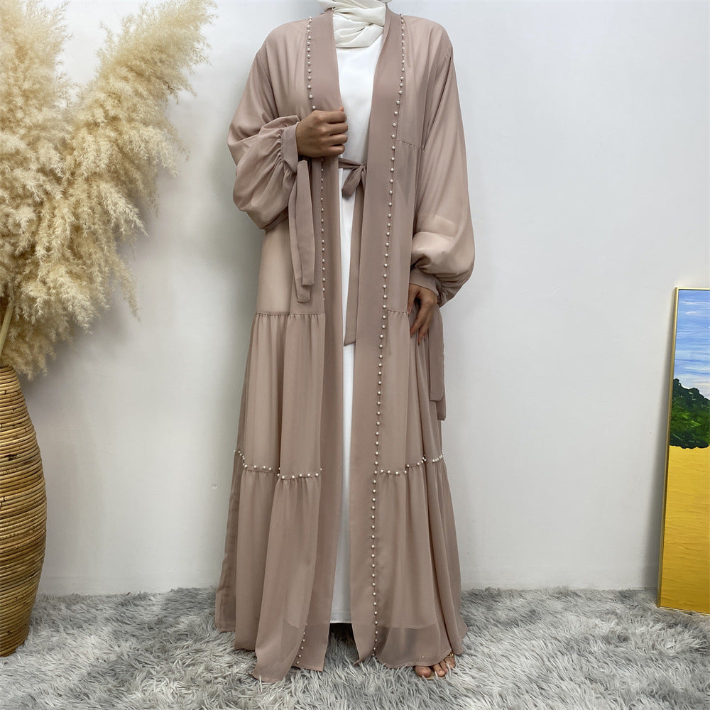 Elegant Solid Color Beaded Muslim Lacing Chiffon Cardigan Robe