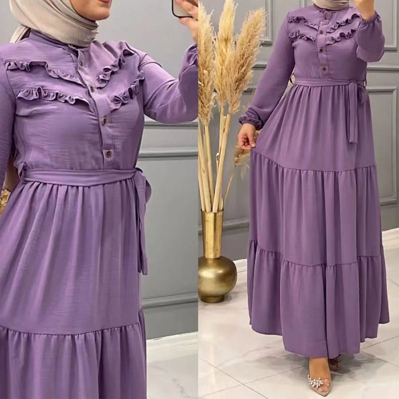 New Muslim Robe Solid Color With Belt Fashion Casual Dress