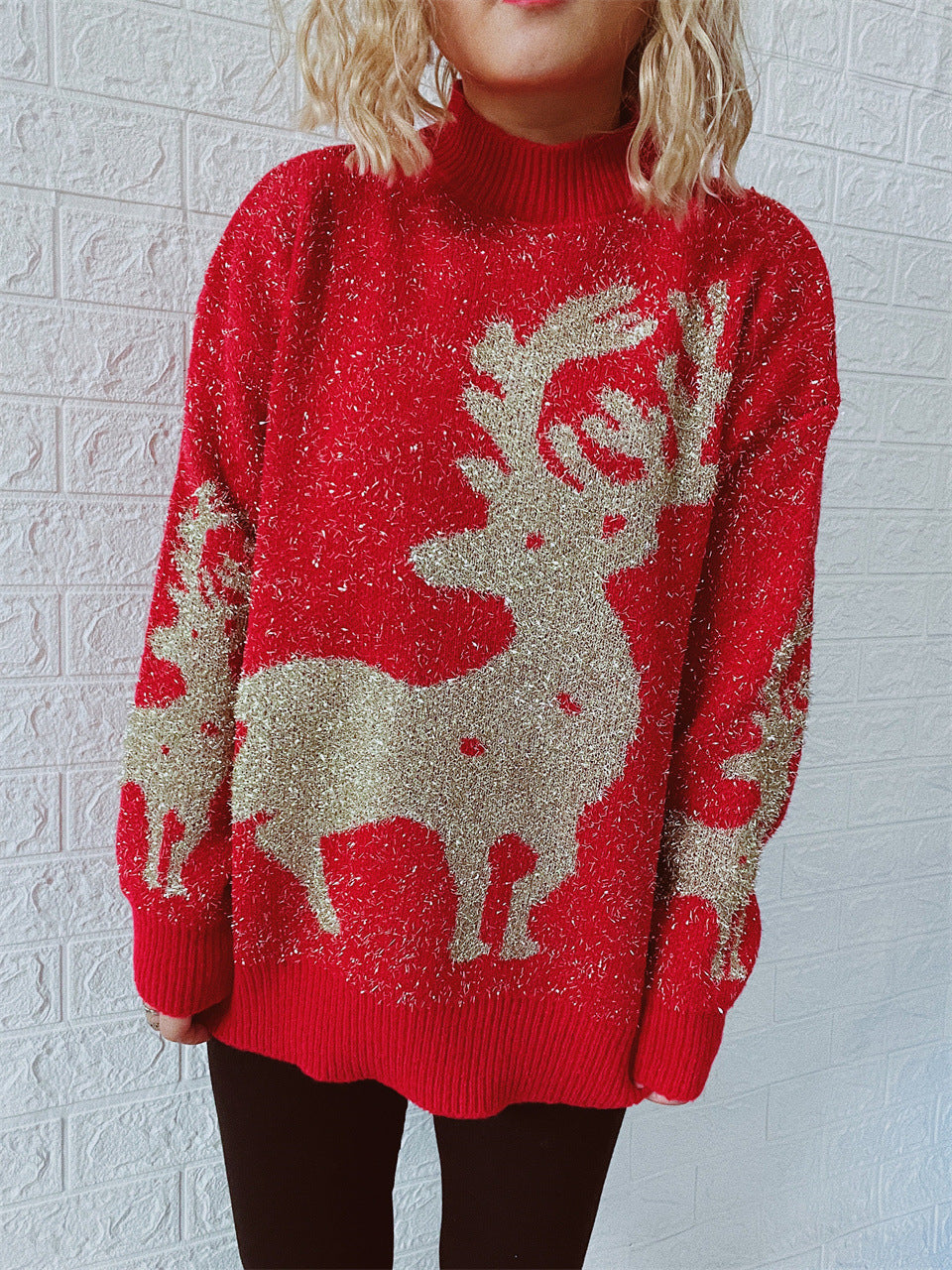 Women's Fashion Gold Thread Brushed Jacquard Large Snowflake Elk Christmas Sweater