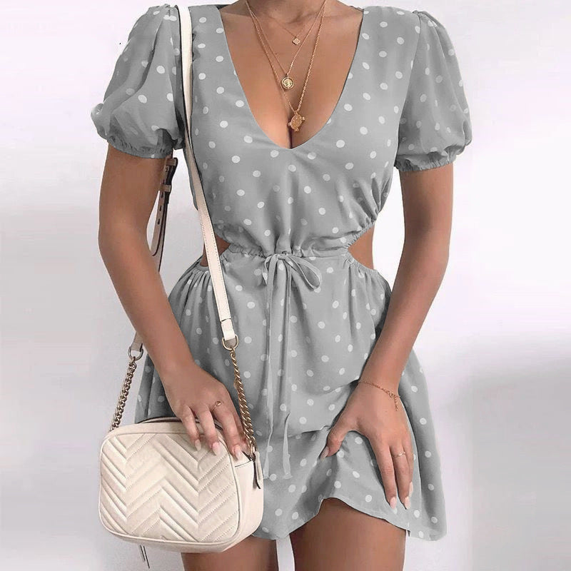 V-neck Dotted Prints Hollow-out Waist Short Sleeve Dress