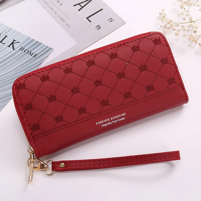 Long Crown Embroidery Thread Single Zip Clutch Wallet Women