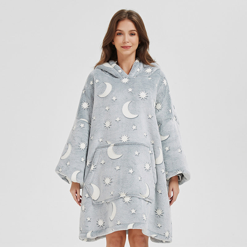 Winter Plush Hoodie Blanket Home Clothes With Stares Moon Luminous Design Oversized Pockets Pullover Nightgown Lazy Warm Homewear Pajamas