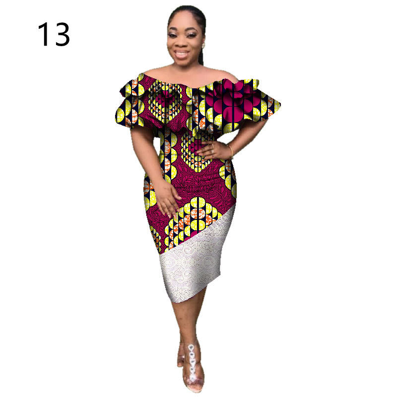 African Batik One-shoulder Mid-length Lace Stitching Skirt